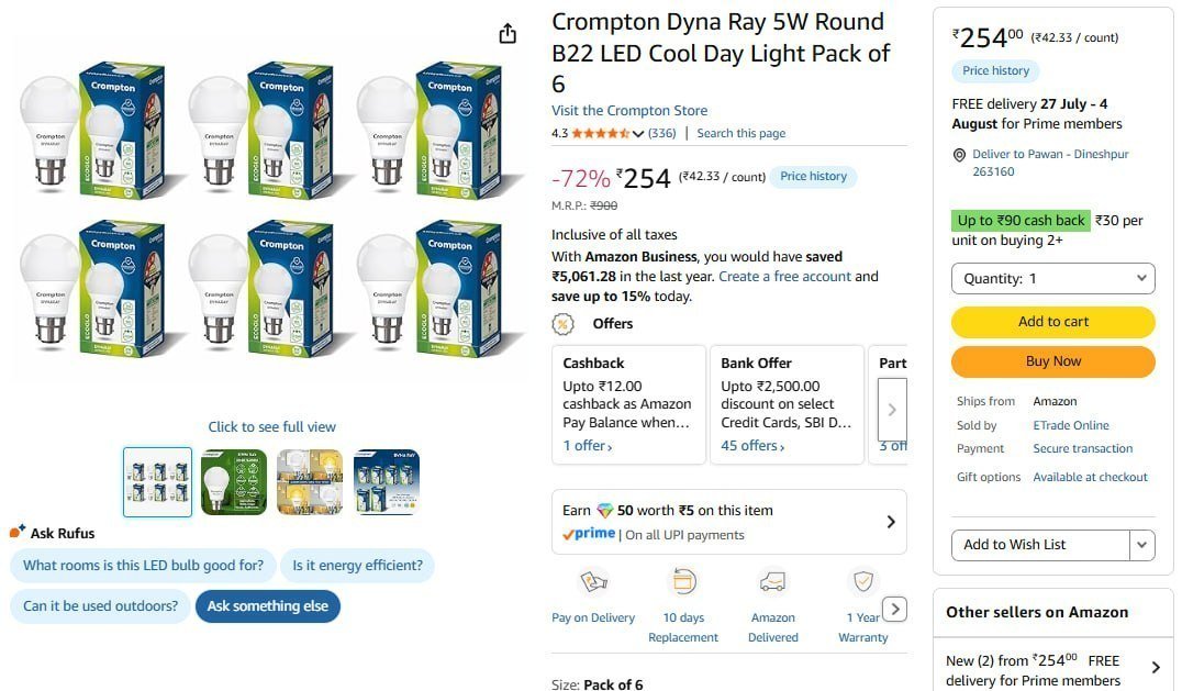 Crompton Dyna Ray 5w Round B22 Led Cool Day L