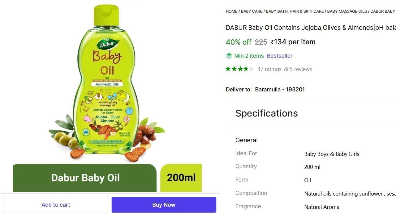 Dabur Baby Oil (200 Ml) 134 Min Buy - 2