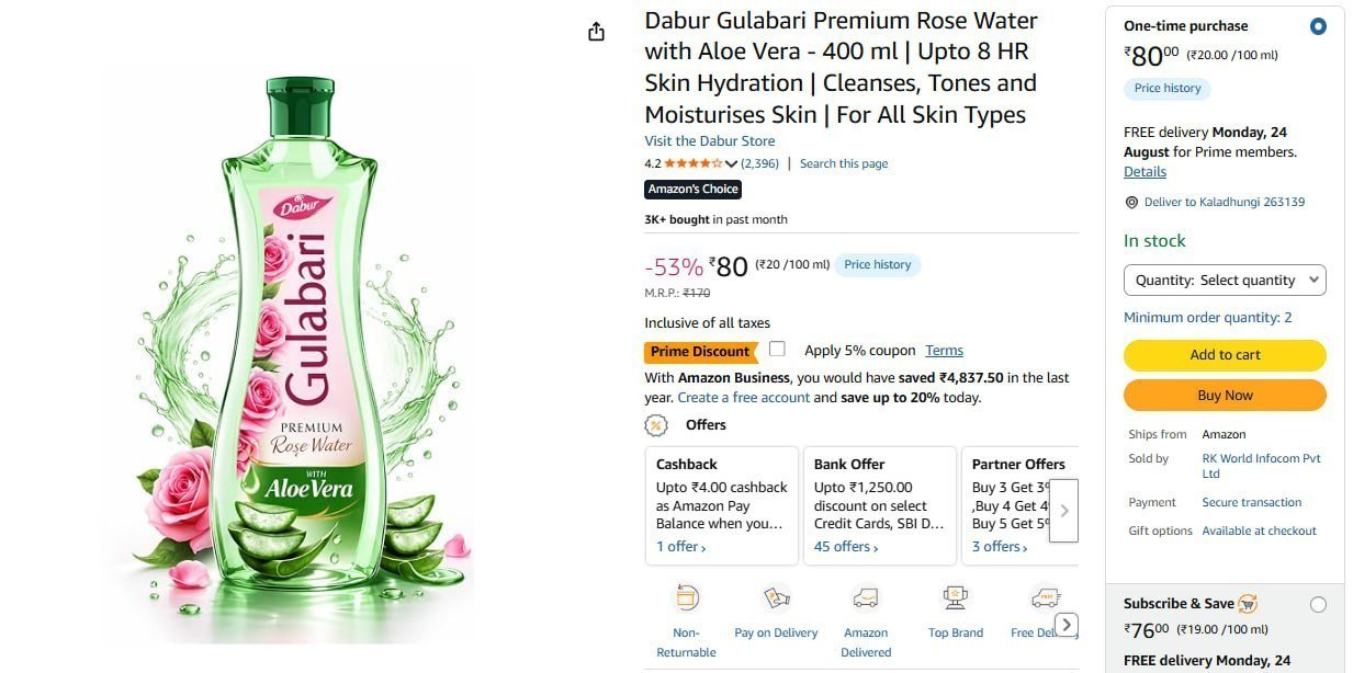 Dabur Gulabari Premium Rose Water 400ml 80min