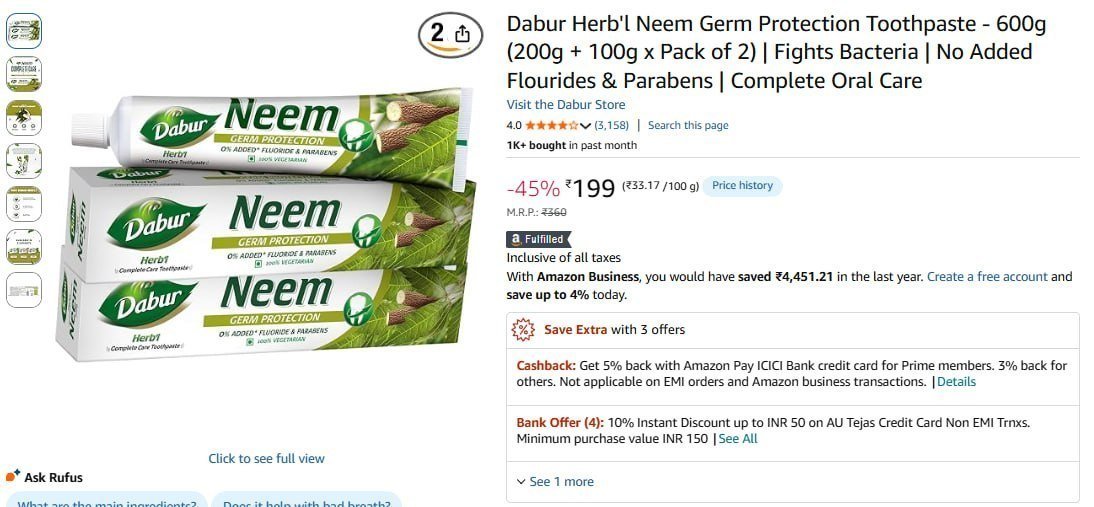 Dabur Herb Neem Germ Protection Toothpaste 60