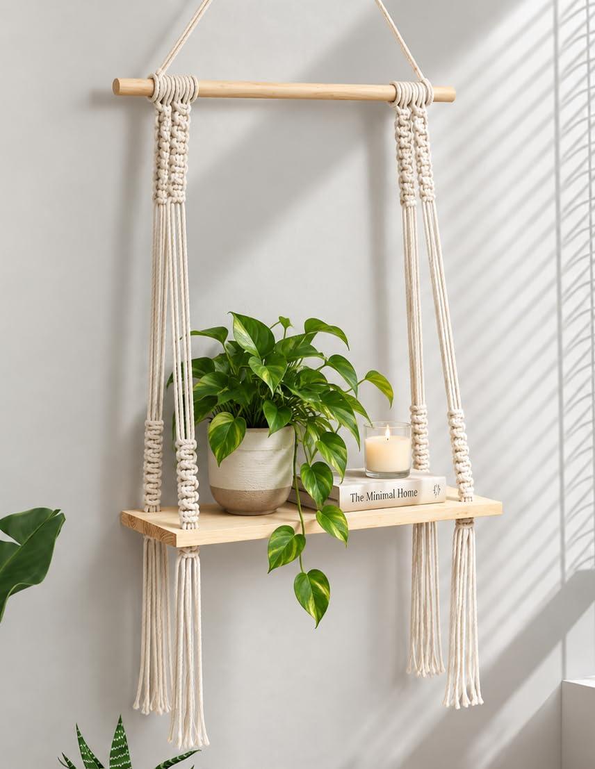 Decazone Macram Wall Hanging Shelf Pine Wood 