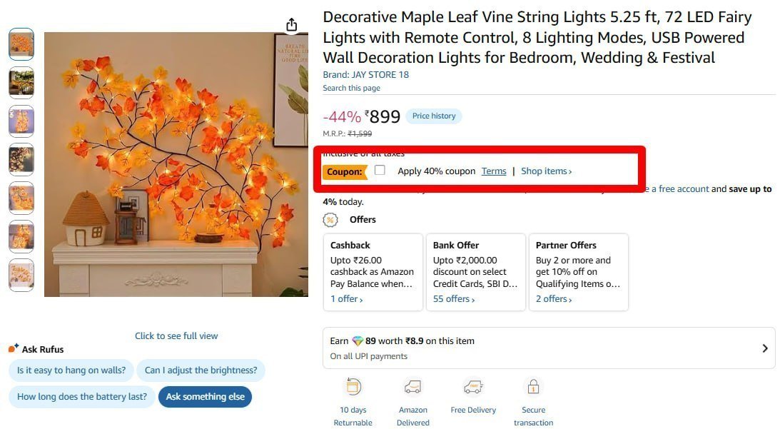 Decorative Maple Leaf Vine String Lights 539 40 Ch