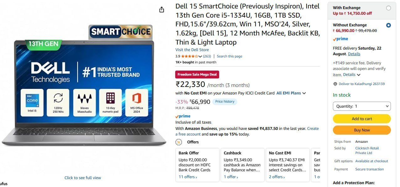 Dell 15 Intel 13th Gen Core I5-1334u 16gb 1tb