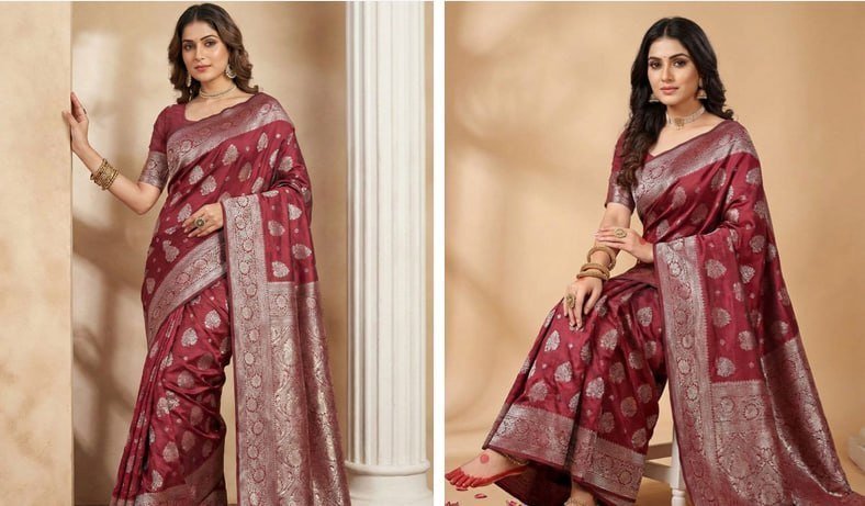 Dhaaga Ghar Sutriti Deep Burgundy Soft Silk Saree 