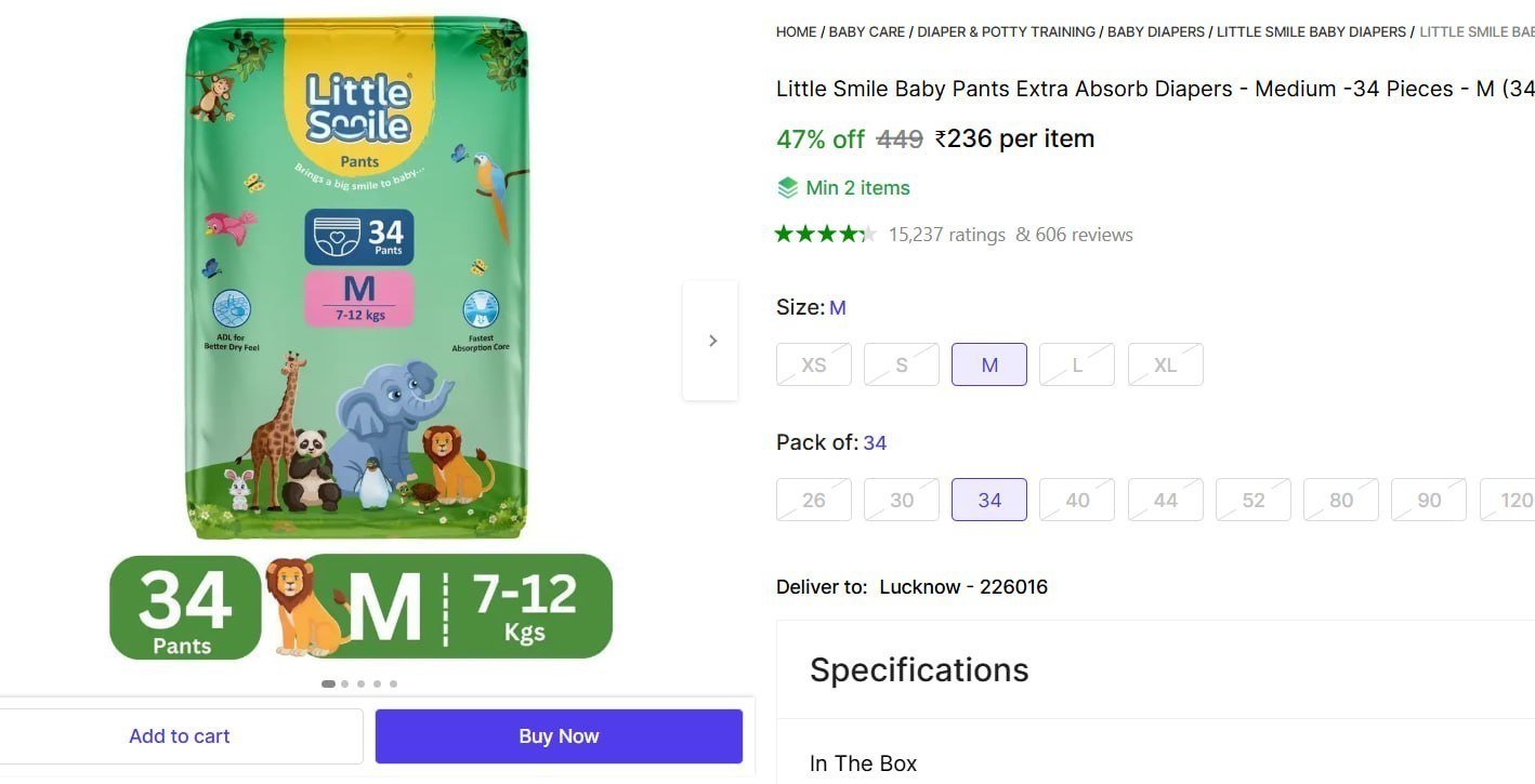 Diapers - Medium -34 Pieces - M 236 Min Buy -