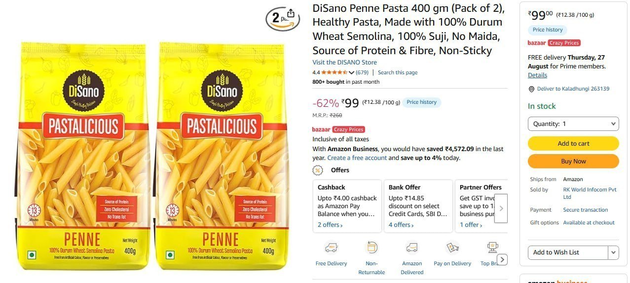 Disano Penne Pasta 400 Gm (pack Of 2) 99