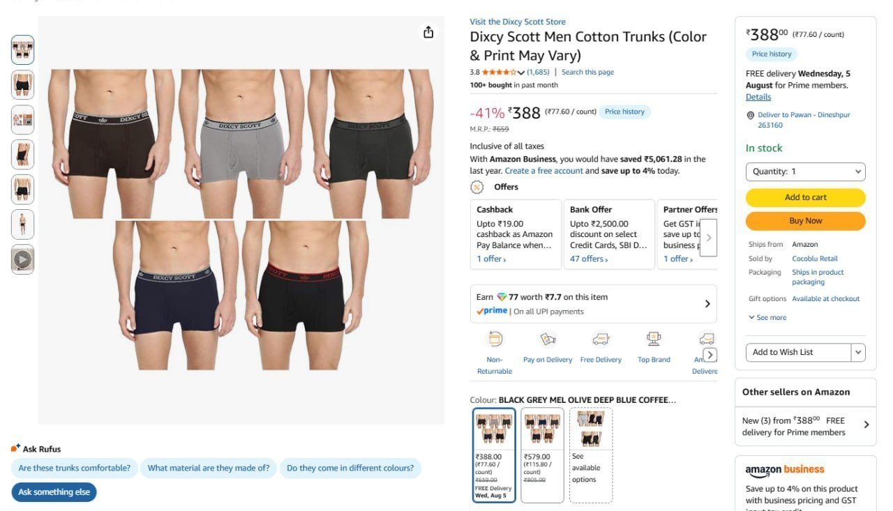 Dixcy Scott Men Cotton Trunks Pack Of 5 388