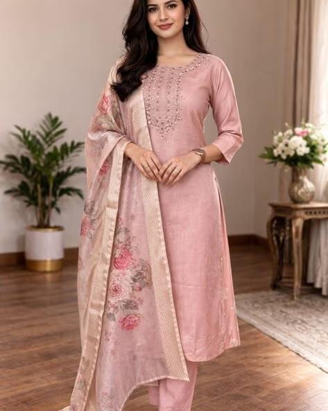 Dmsf Women Embroidered Straight Kurta With Pa
