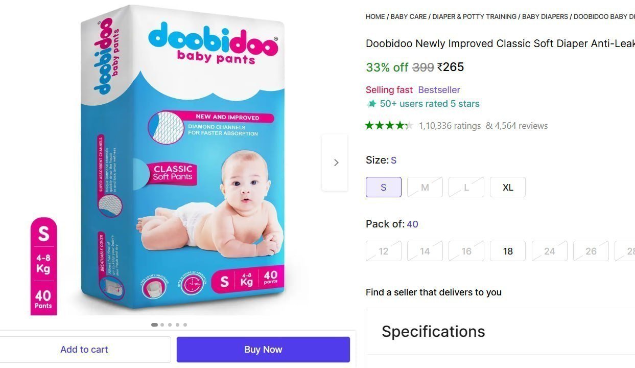 Doobidoo Baby Pant 4-8 Kg - S (40 Pieces) 265
