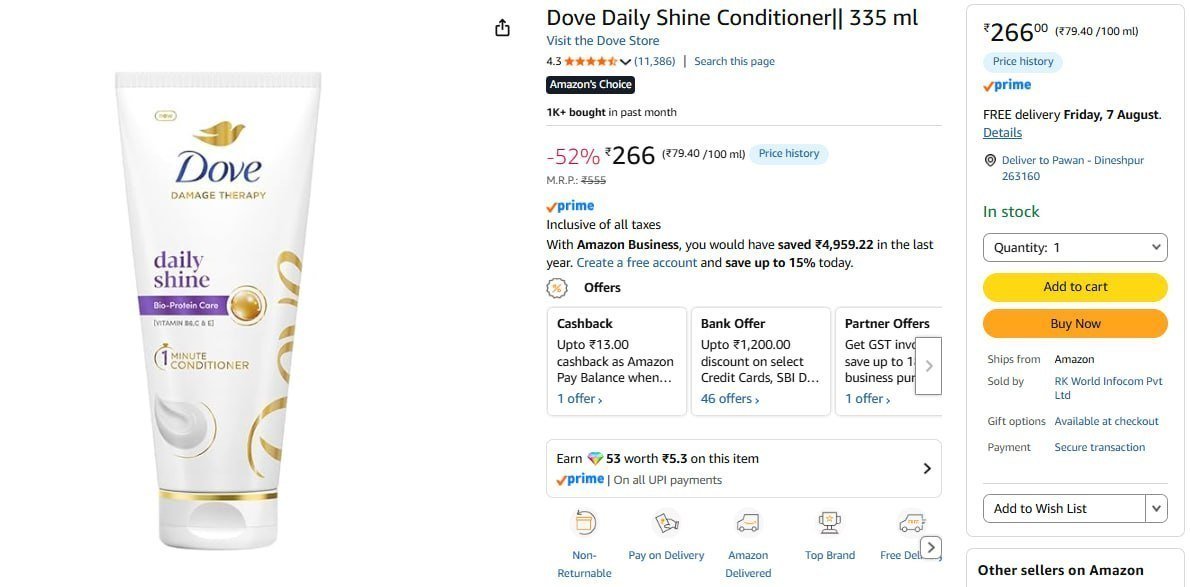 Dove Daily Shine Conditioner 335ml 266