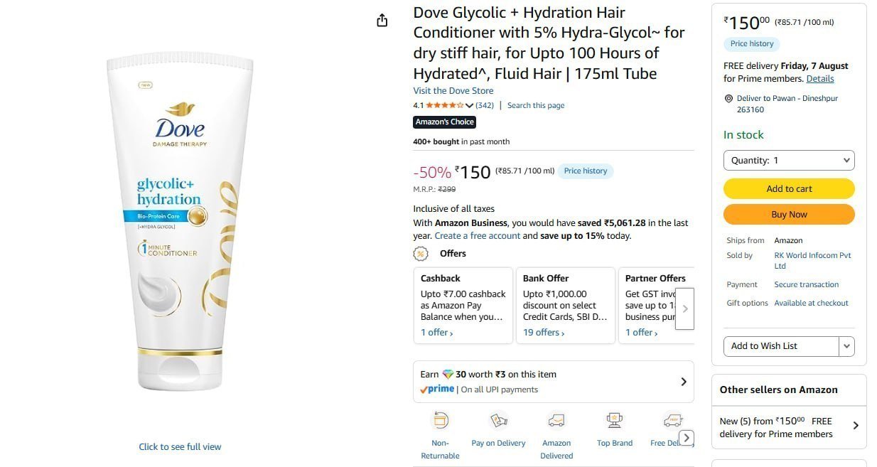 Dove Glycolic Hydration Hair Conditioner 175ml 150