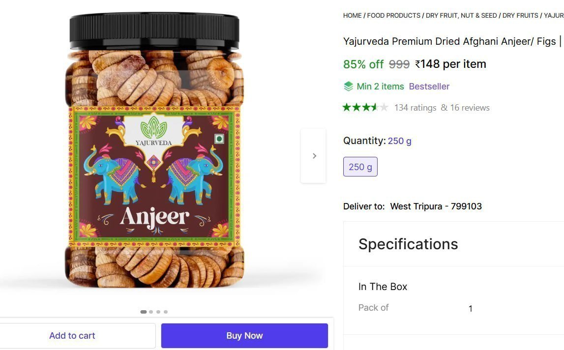 Dried Anjeer Figs (1 X 250 G) 148 Min Buy - 2