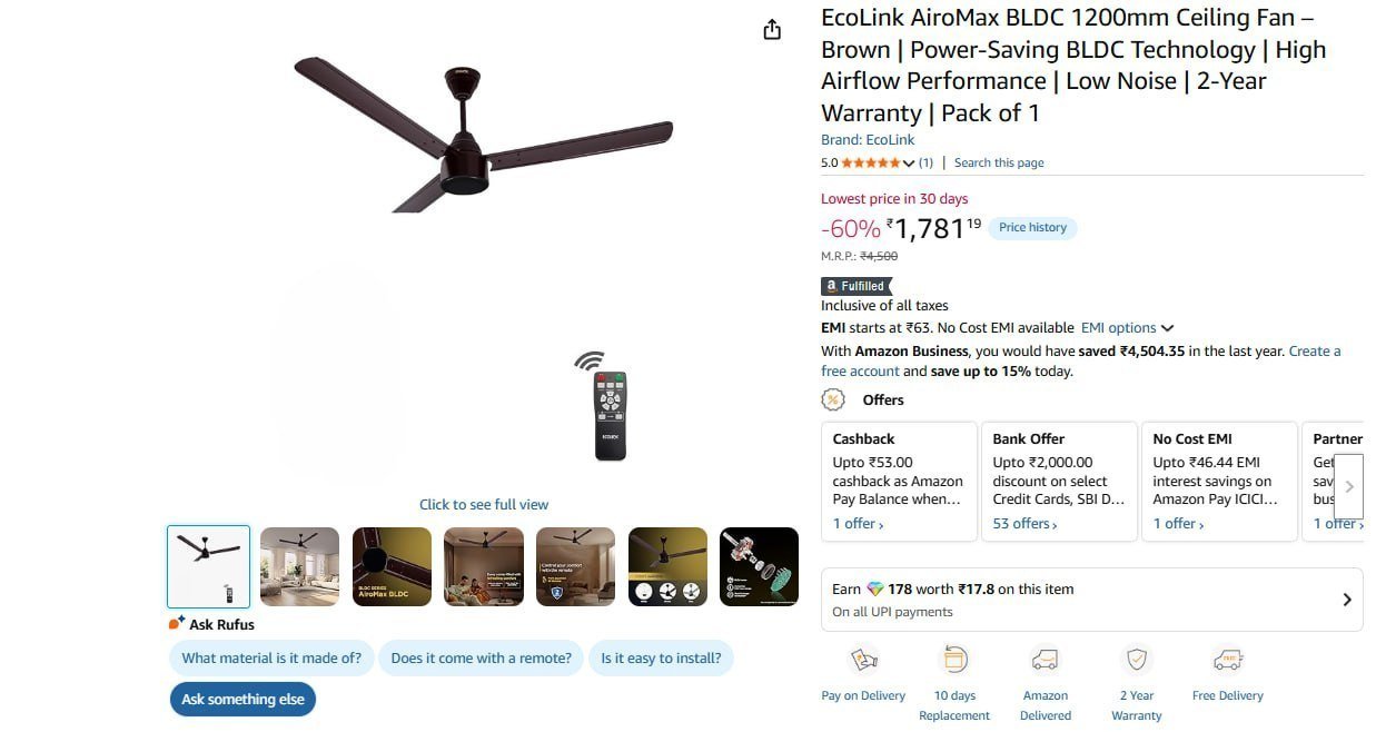 Ecolink Airomax Bldc 1200mm Ceiling Fan 1781