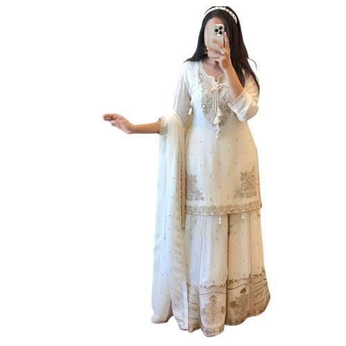 Elegant White Embroidered Sharara Set With La
