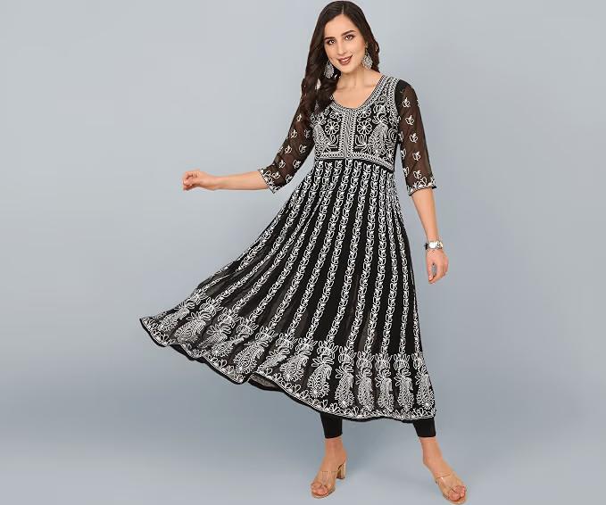 Ethnicjunction Women S Georgette Regular Fit Anarkali Chikankari Embroidere