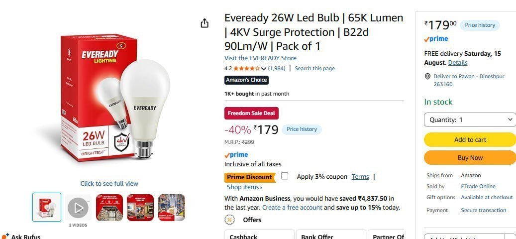 Eveready 26w Led Bulb 65k Lumen 179