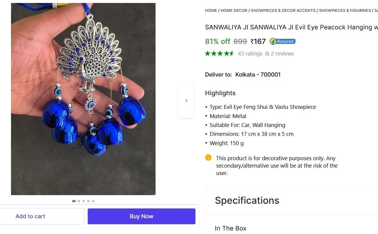 Evil Eye Peacock Hanging With Bells 167