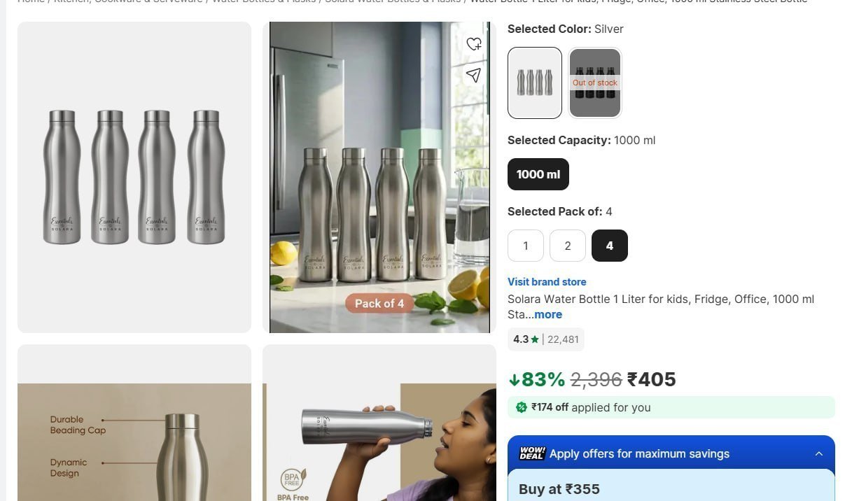 Flipkart 1000 Ml Steel Bottle (pack Of 4) At 
