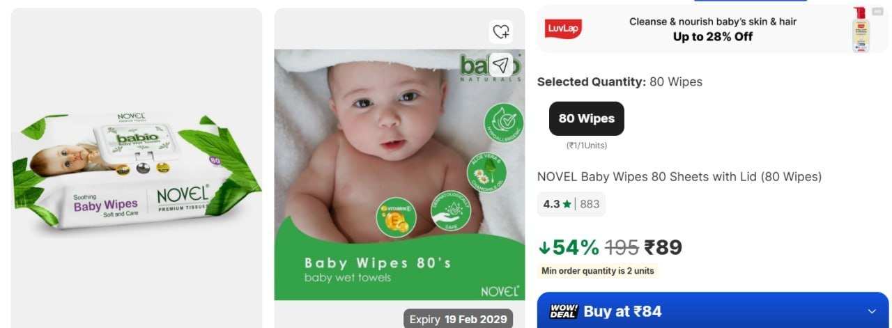 Flipkart 54 On Novel Baby Wipes(80 Wipes) At Rs 89