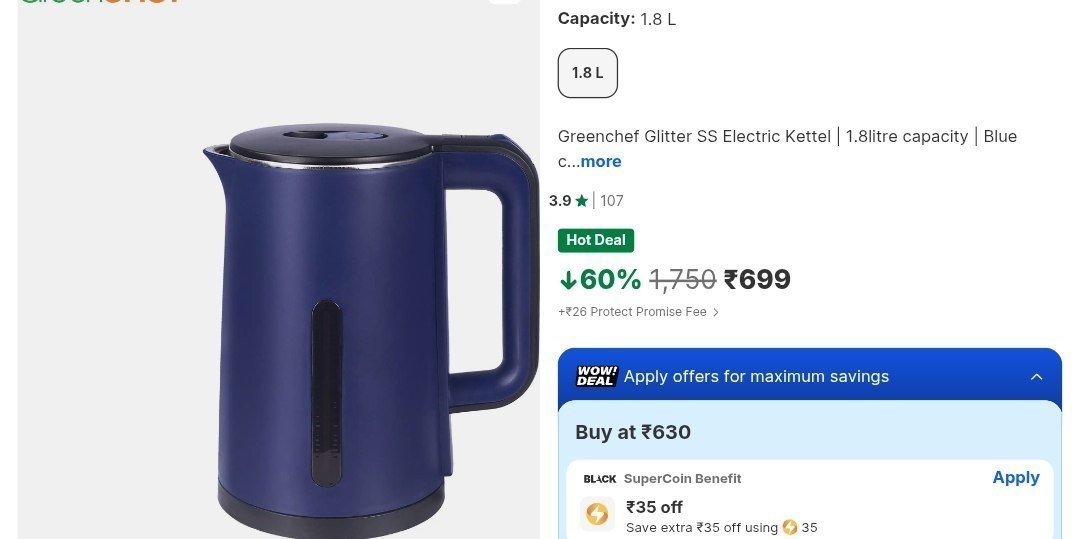 Flipkart Greenchef 1500 Watts Electric Kettle (1 8