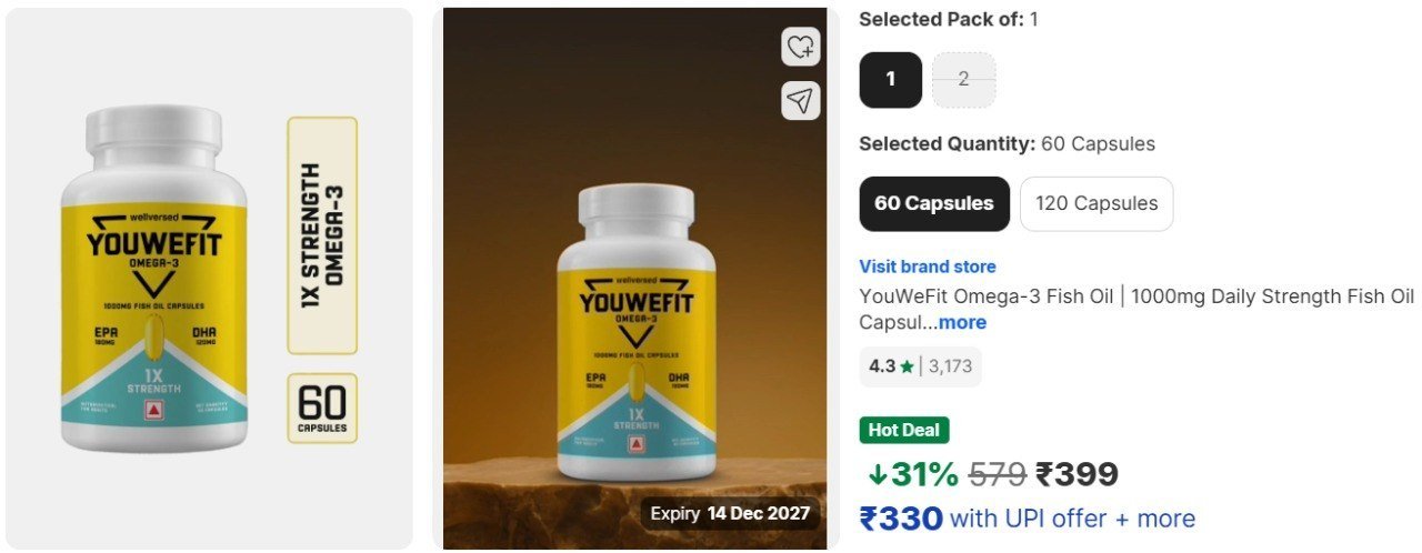 Flipkart Youwefit Omega 3 Fish Oil Daily Strength (60 Capsules) At 399