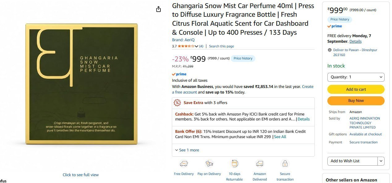 Ghangaria Snow Mist Car Perfume 40 Ml 999 Mor