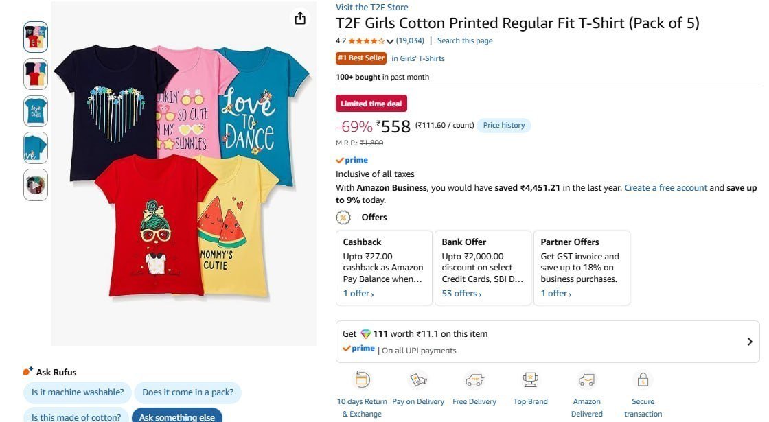 Girl T-shirt (pack Of 5) 558multiple Designs 