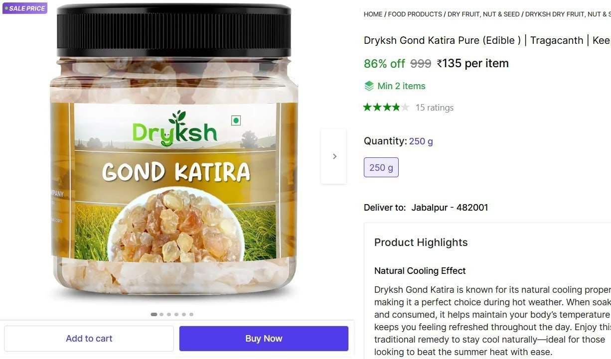 Gond Katira Pure (edible) 225gm At 135 Premium Nat