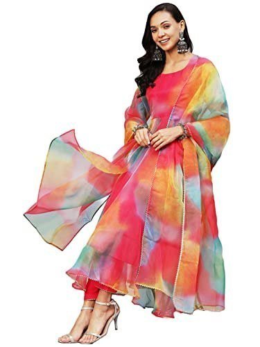 Gosriki Women S Organza Anarkali Floral Print