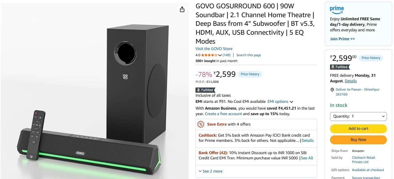 Govo Gosurround 600 90w Soundbar 2599