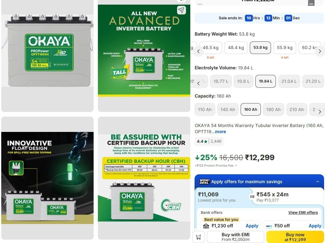 Grab Okaya Tubular Inverter Battery Starts 12