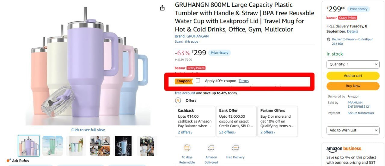 Grab Plastic Tumbler With Handle Straw 800 Ml