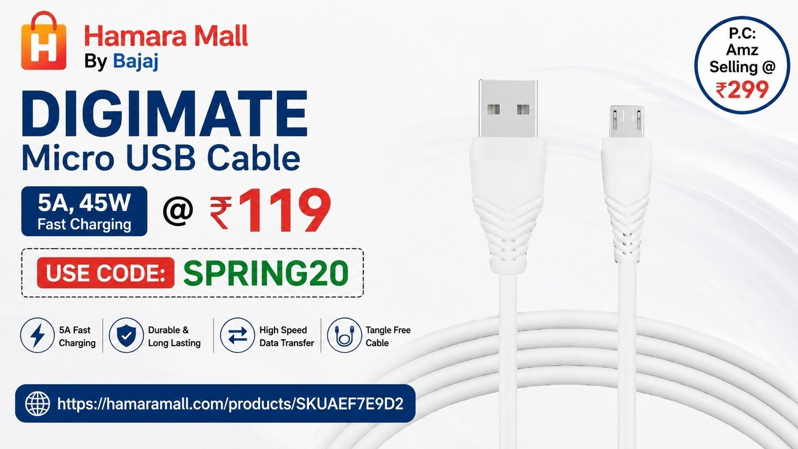 Hamara Mall By Bajaj Digimate Micro Usb Cable (5a 
