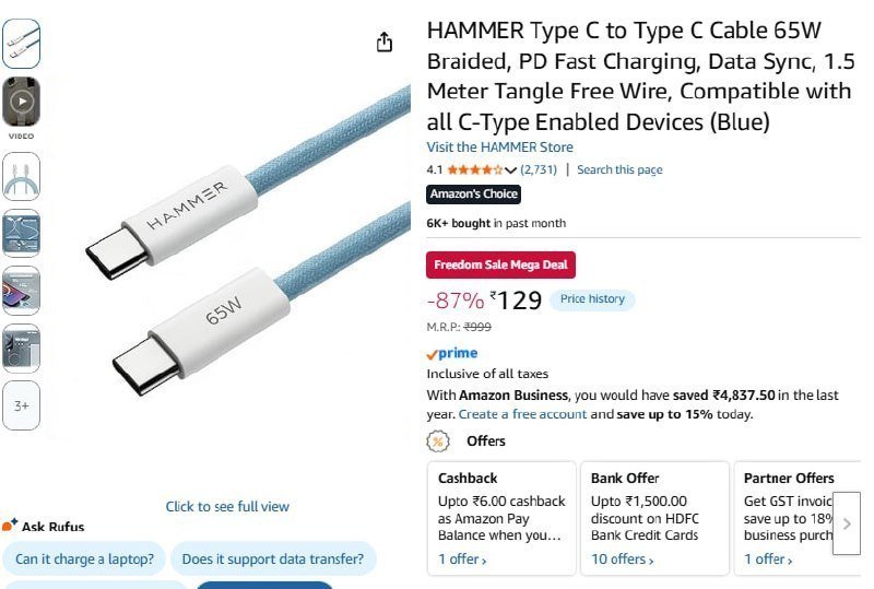 Hammer Type C To Type C Cable 65w Braided 129