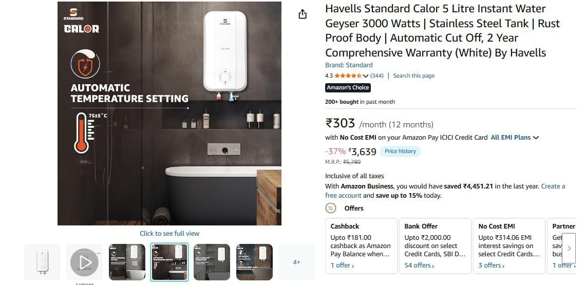 Havells 5 Ltr Instant Water Geyser 3389 250