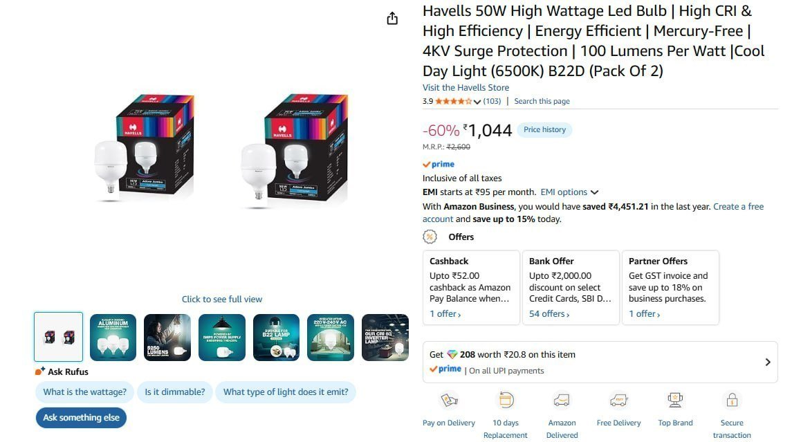 Havells 50w High Wattage Led Bulb (pack Of 2)