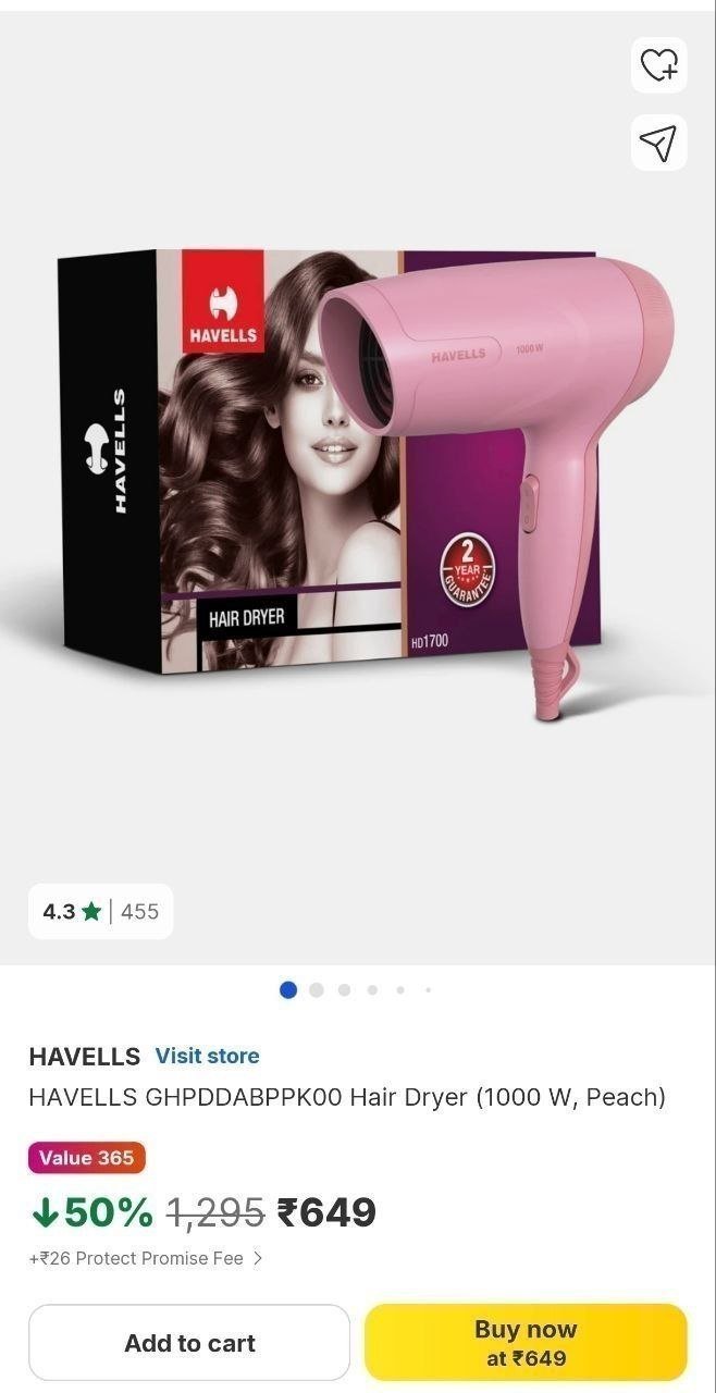 Havells Ghpddabppk00 Hair Dryer (1000 W Peach