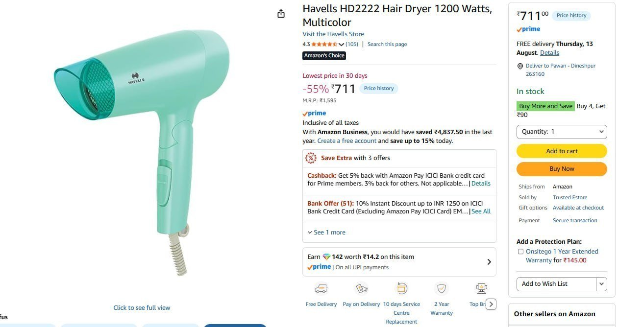 Havells Hair Dryer 1200 Watts Multicolor 711