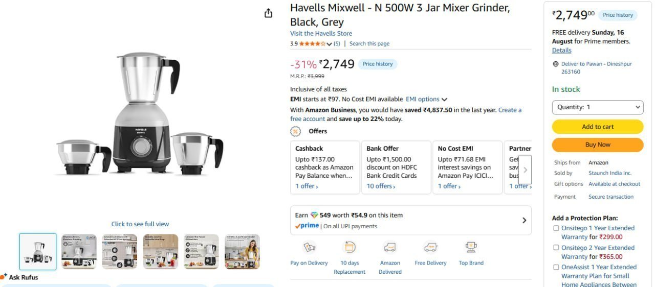Havells Mixwell - N 500w 3 Jar Mixer 2790
