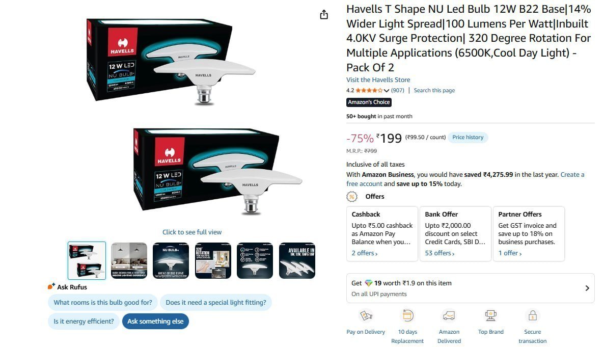 Havells T Shape Nu Led Bulb 12w (pack Of 2) 199