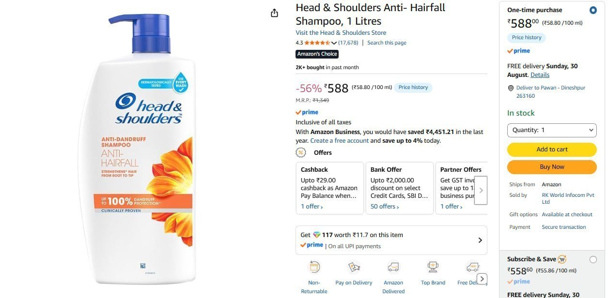 Head Shoulders Anti- Hairfall Shampoo 1ltr 588secr
