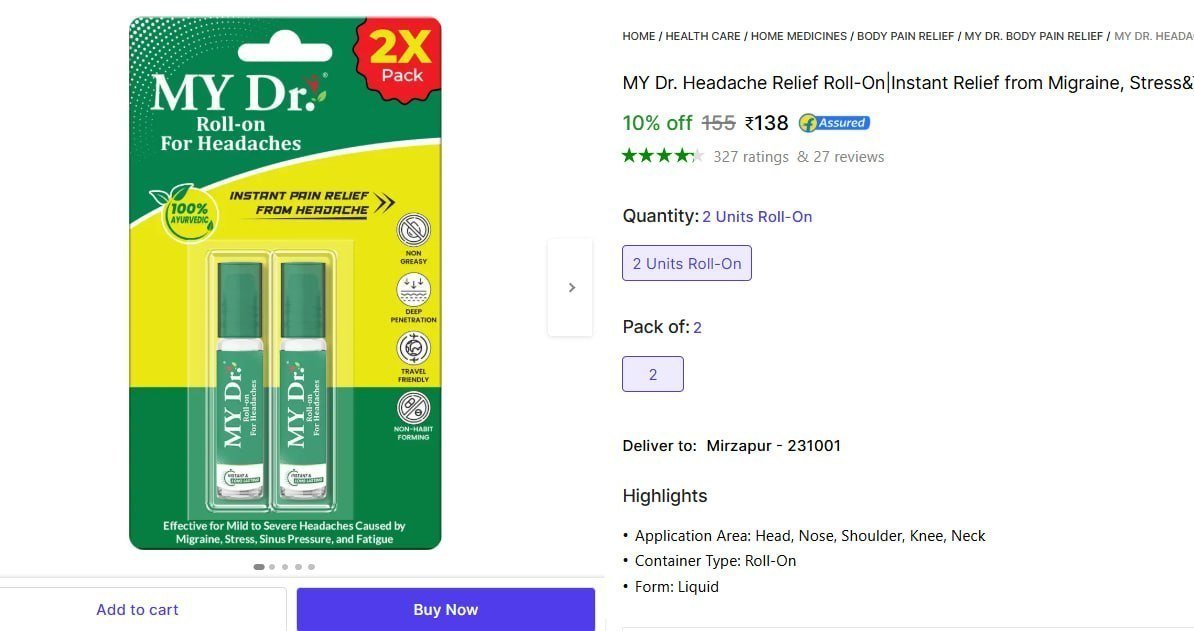 Headache Relief Roll-on 138 Instant Relief Fr