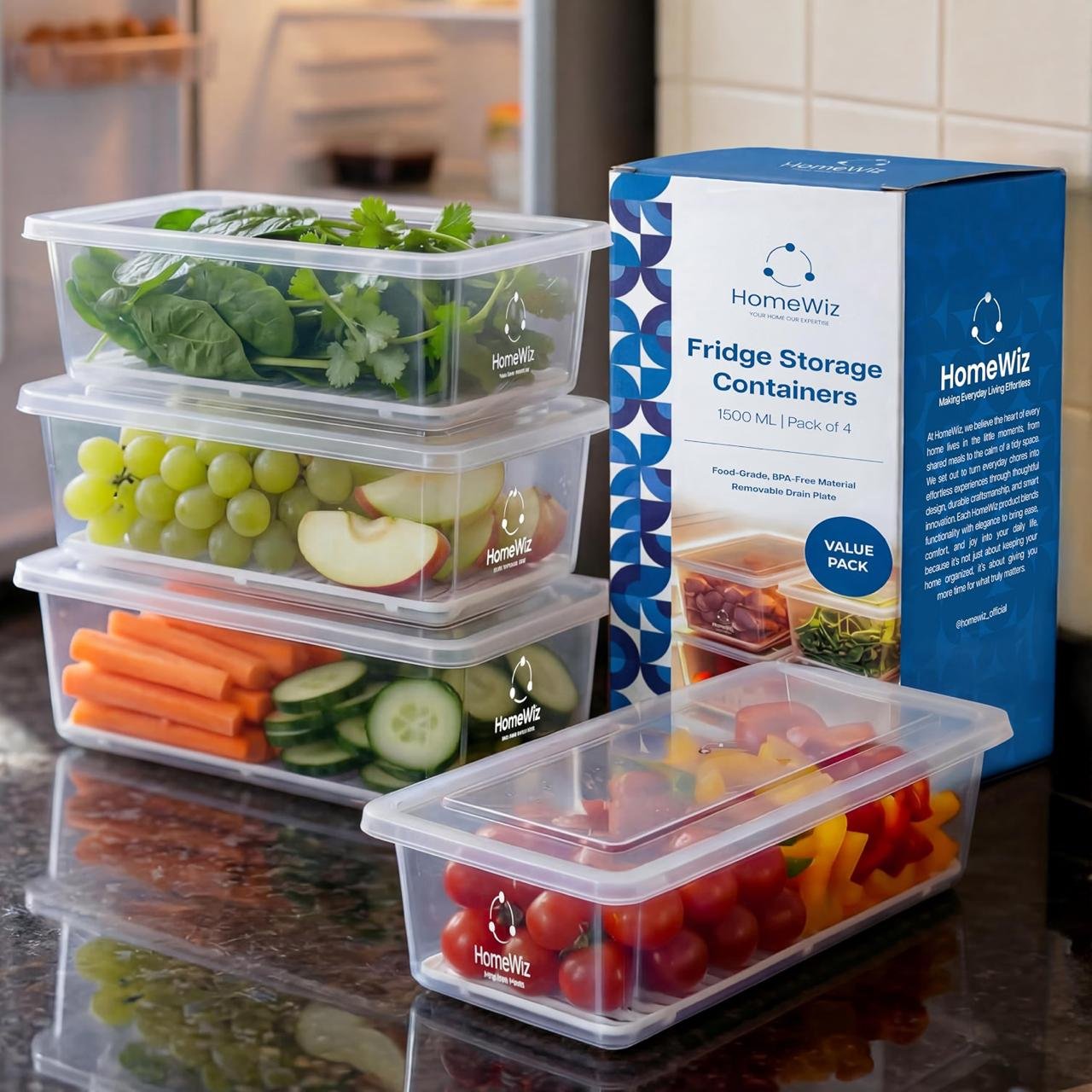 Homewiz Fridge Storage Containers 1500ml X4 2