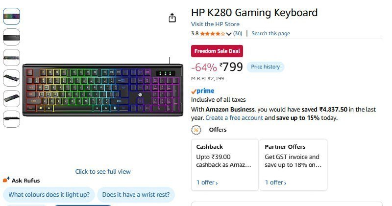 Hp K280 Gaming Keyboard At 799