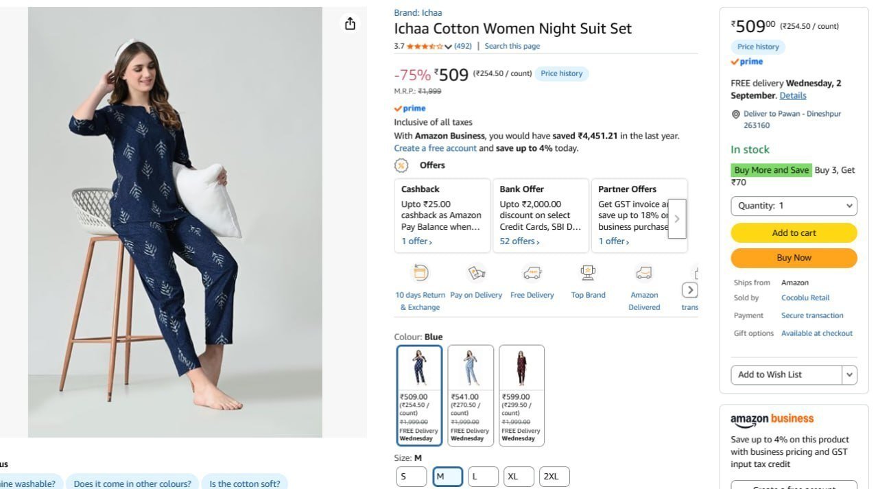 Ichaa Cotton Women Night Suit Set 509