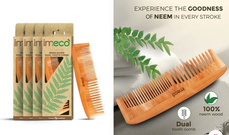 Imeco Set Of 4 Dual Tooth Neem Wooden Combs 2