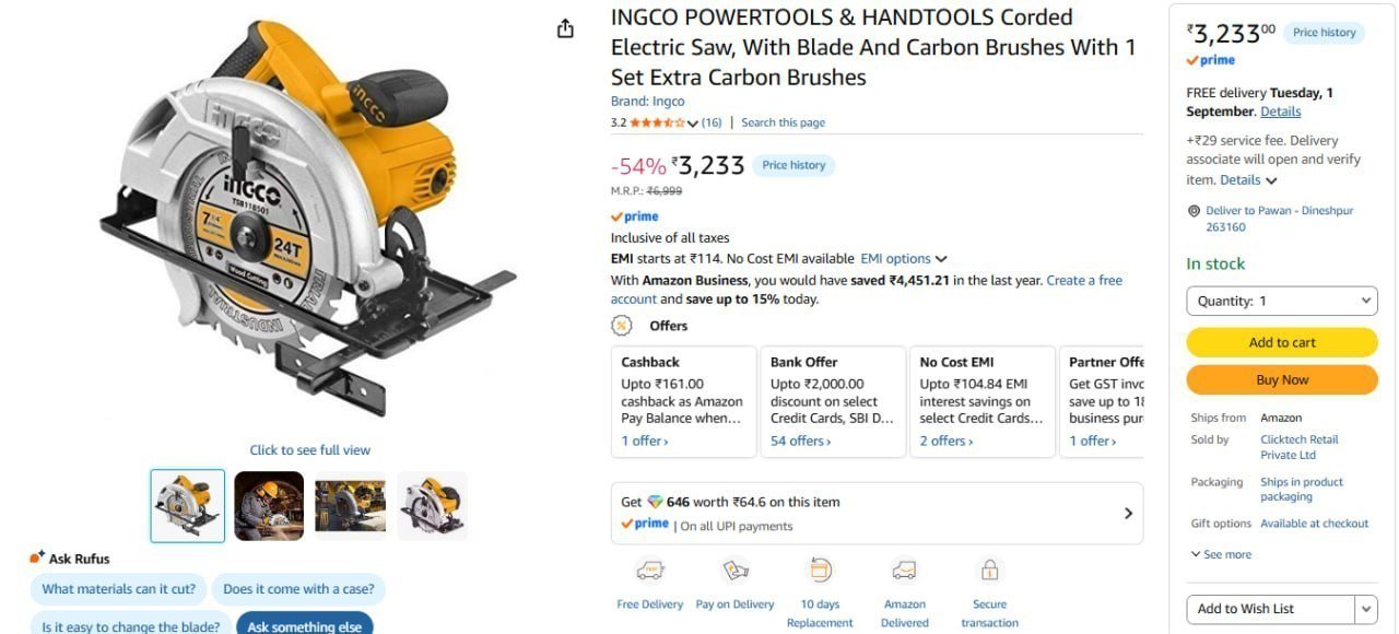 Ingco Powertools Handtools Corded Electric Saw 323