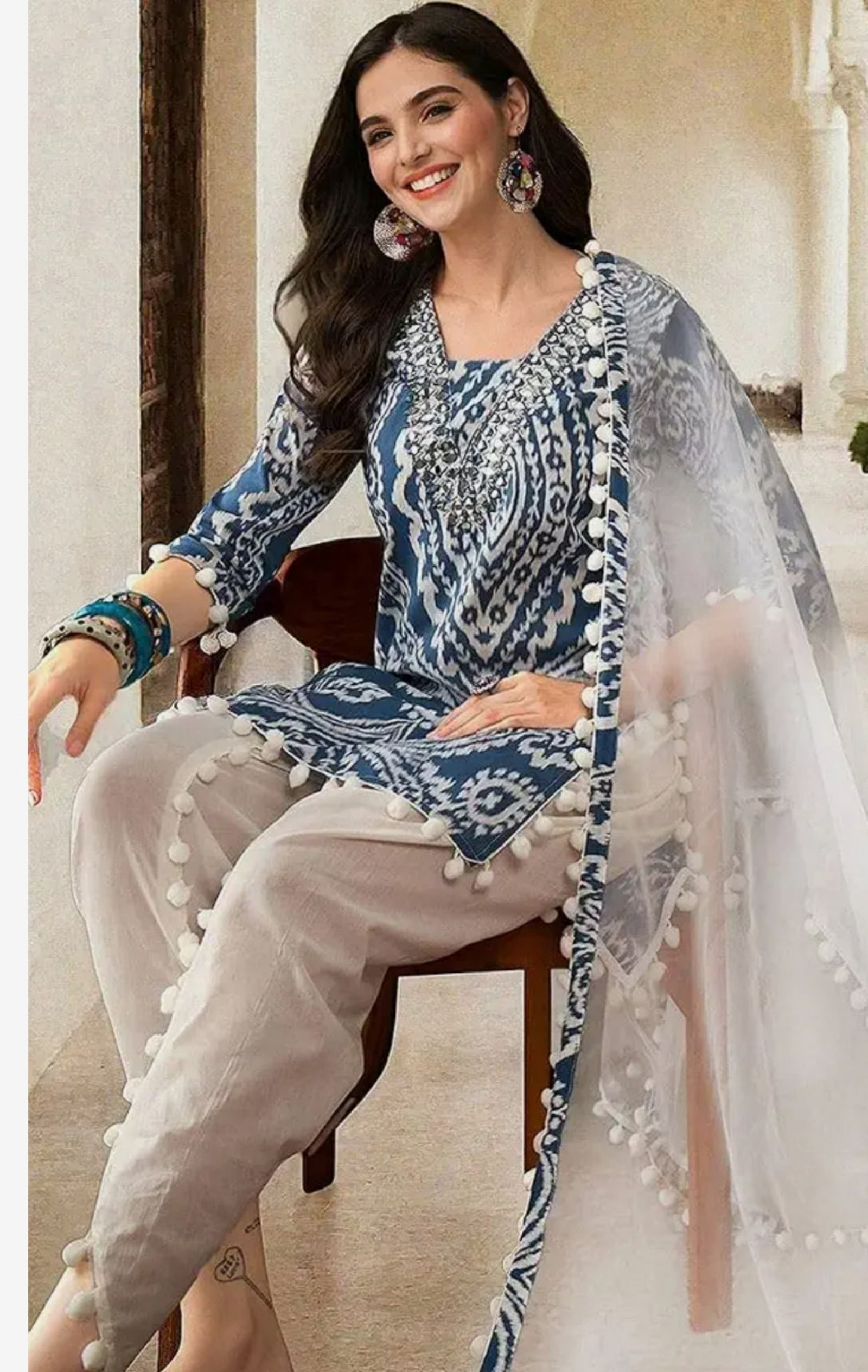 Ishin Women Blue Cotton Blend 3pcs Kurta Set At 63