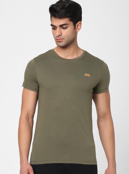 Jack Jones Men Green Solid Cotton T-shirt 384
