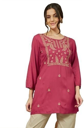 Janasya Women S Magenta Pink Rayon Embroidered Str